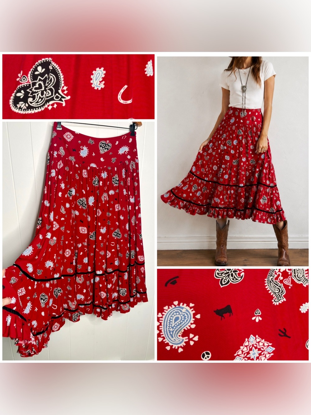 🐴❤️SCULLY Western Wear Bandana Skirt Prairie Rodeo Skirt Red Long Maxi Circle